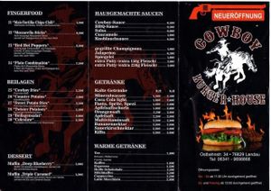 Menu part 1 at Cowboy Burger Restaurant in Landau