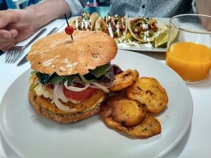 Quinoa burger and tacos at Distrito Vegano in Madrid