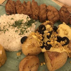 Peru - kebab with rice and potatoes  at Distrito Vegano in Madrid