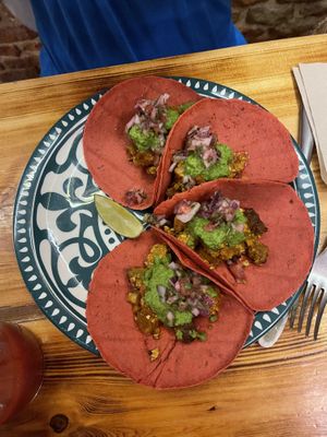 my mom’s tacos— didn’t love the shells (too weak) but inside was delicious!  at La Encomienda in Madrid
