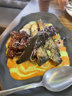 Watermelon tuna and eggplant delicious!!  at La Encomienda in Madrid