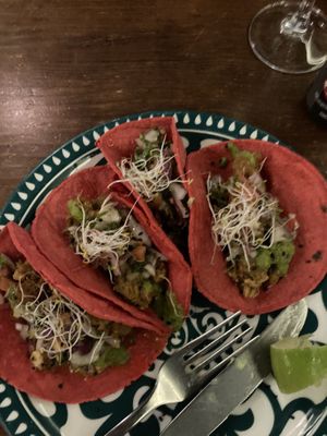 Tacos for me and a Pad Thai style dish for husband . Delicious  at La Encomienda in Madrid