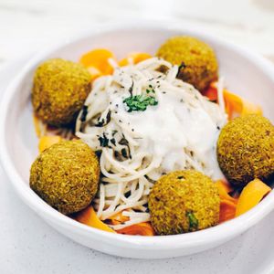 Quinoa Balls with delicious pasta at La Encomienda in Madrid