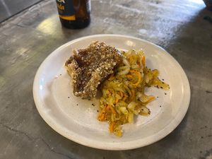 Tapapies 2023: Korean-style breaded Mushroom with cabbage and carrots. at La Encomienda in Madrid