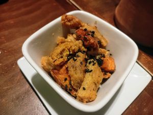 Spiced sweet potato and soy meat starter at La Encomienda in Madrid