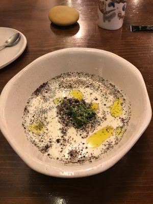 almond with seaweed shavings soup at La Encomienda in Madrid