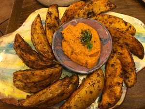 Roasted Potatoes with Muhammara dip at La Encomienda in Madrid