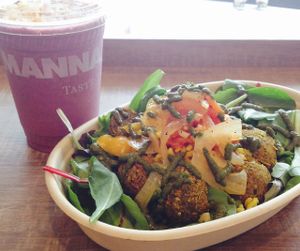 Berries & Cream Smoothie and Roasted Veggie Bowl at Manna Life Food in Miami