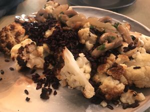 The « gratin » of cauliflower. It was good but plain and dry. No vegan cheese. It ‘mentioned it was made with coconut cream but we didn’t taste it. The mushrooms added some at Manna Manna in Brasov