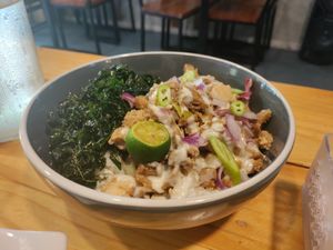 Sisig and green veg bowl at Greenery Kitchen in Makati