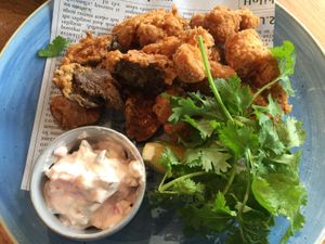 Deep Fried Chick'n with half soy meat and half mushrooms, vegan tartare sauce on the side. (I was salivating, okay?)  at Mr. Farmer - Omotesando in Tokyo