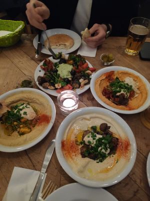 Three hummus and "Antipasti teller" at Hummus & Friends in Berlin