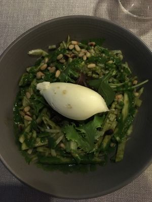 Vegan starter when I visited on April 2019. It was a small salad with raw and cooked vegetables, pine nuts, some kind of green pesto and lemon sorbet. Very good! at Le Bistrot des Belles Caves in Tours