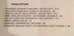 vegan menu at Grain in Allentown