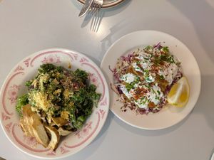 Left - vegan Caesar with smoked tofu, Right - vegan crab cakes at Talula's Pizza in Asbury Park