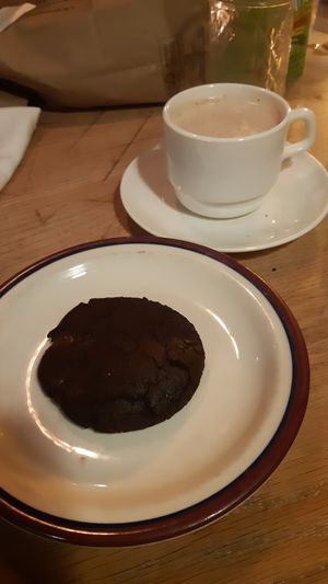 Vegan chocolate cookie and chai latte at Talula's Pizza in Asbury Park