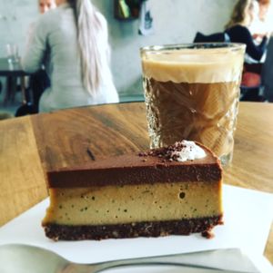 Mint chocolate cake and oat latte. at Oh my Goodness in Helsinki