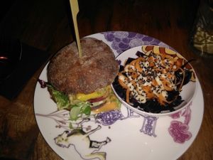 Very mustardy pea tempeh burger at Oh my Goodness in Helsinki