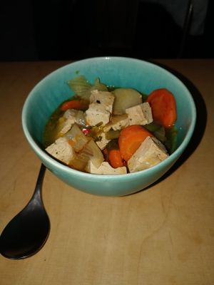 Lunch soup of tofu and vegetables at Oh my Goodness in Helsinki