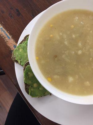 Cauliflower and Corn chowder with avo smothered nut bread at Raw + More Cafe in West Perth