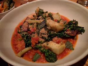 Artichoke and broccoli rabe sauté, preserved tomatoes  at Nix in New York City