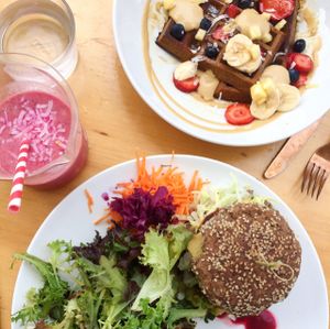 Waffles and cheese burger  at Sadhana Kitchen in Bondi Beach