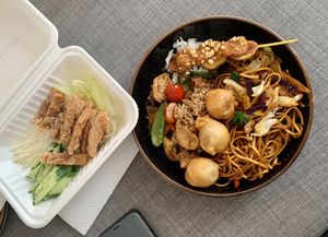 Takeaway with chow mein, black bean stir fry, satay, hoisin duck and chicken balls at Loving Hut - Southgate in Crawley