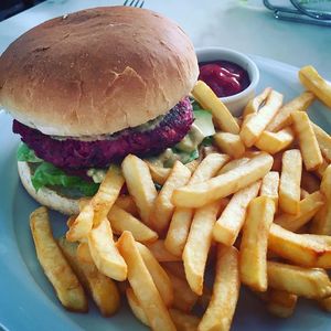Quinoa beet burger at Distrato Cafe in Paros