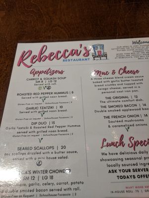 Menu at Rebecca's Restaurant in Mahone Bay