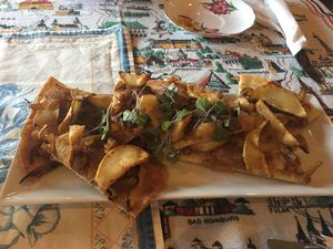 Caramelized onion flat bread  at Rebecca's Restaurant in Mahone Bay