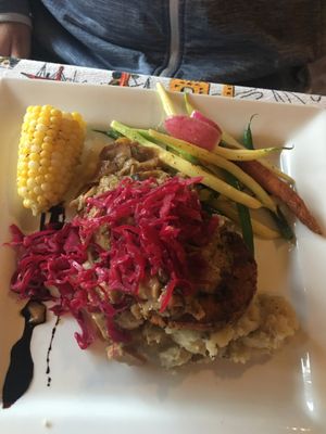 “Bangers” and mash - vegan  at Rebecca's Restaurant in Mahone Bay