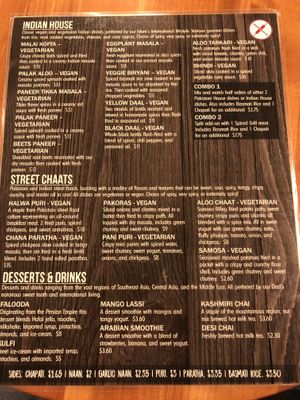 Menu, labeled vegetarian and vegan at Chapati in Indianapolis