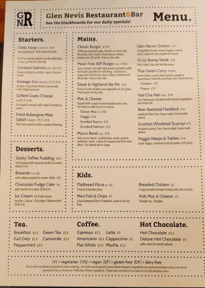 Menu at Glen Nevis Restaurant in Fort William