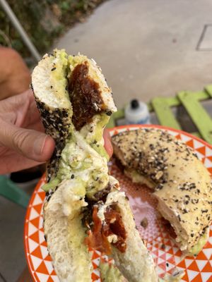 Tofu cream cheese with sun dried tomatoes and avocado bagel sandwich   at Sa Ruta Verda in Mallorca
