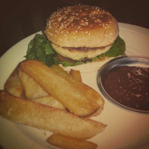 Vegan tofu burger with fries at Wrong Place in Kuching