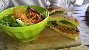 JERK TEMPEH PANINI WITH CHIPOTLE MAYO
jerk tempeh, plantain, tomato, cashew cheese sauce, arugula at Holi Vegan Kitchen in North Miami Beach