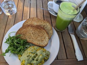 Garden pesto scramble and juice #2 at Holi Vegan Kitchen in North Miami Beach