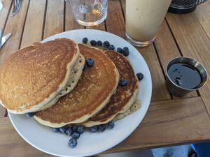 Blueberry pancakes and smoothie #1 at Holi Vegan Kitchen in North Miami Beach