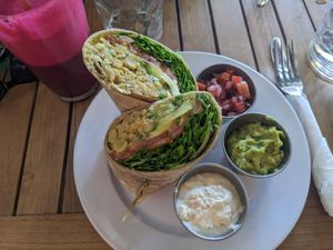 Avocado and chickpea wrap with juice #4 at Holi Vegan Kitchen in North Miami Beach