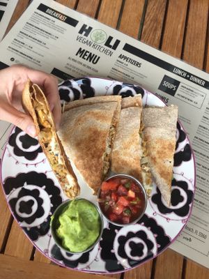 mushrooms and tempeh quesadilla at Holi Vegan Kitchen in North Miami Beach