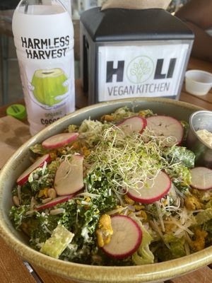 Caesar salad with coconut water. at Holi Vegan Kitchen in North Miami Beach