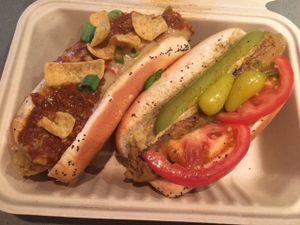 Walking Taco hot dog and Chicago hot dog at Doggie Style - Food Trailer in Austin