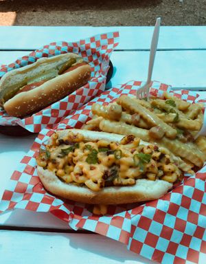 Green Chili Mac Dog + Queso Fries + Chicago Dog. Yummmmmm!  at Doggie Style - Food Trailer in Austin