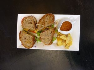 The Vege sandwich is filling and delicious. Unique flavor. 
 at May Kaidee's Vegetarian Restaurant in Phnom Penh