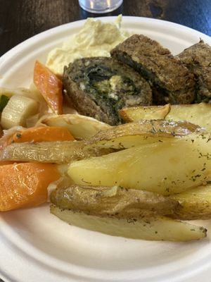 Combo plate: lentil, spinach and vegan cheese roll, roasted potatoes, leek and carrots, vegan mayo   at Wani Vegan Bakery in Rome