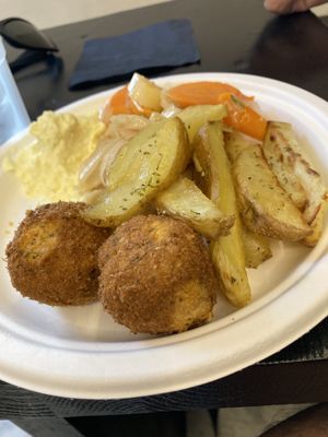 Combo plate: okara balls, roasted potatoes, leeks and carrots, vegan mayo  at Wani Vegan Bakery in Rome