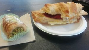 Savoury cornetto and dessert at Wani Vegan Bakery in Rome