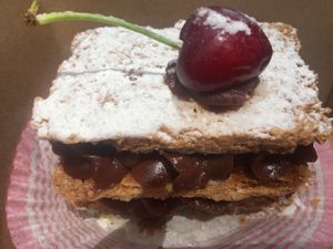 Millefoglie with chocolate cream and cherries at Wani Vegan Bakery in Rome