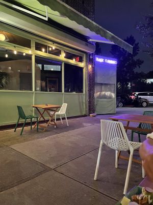 Outdoor pario towards the main entrance at Black Flamingo in Brooklyn