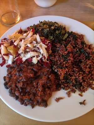 Piatto da 4 assaggi con riso rosso con zucca e cavolo nero, cicoria e olive, fagioli alla messicana, insalata di radicchio e arance at Amaranta Bio Bistrot in Rovereto